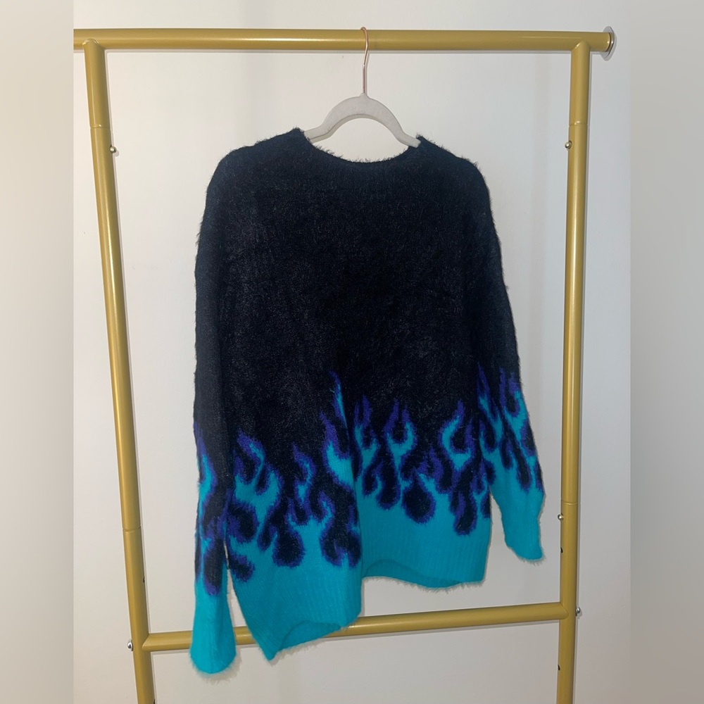 Adika Blue and Black Crew Neck Sweater with Flame Design